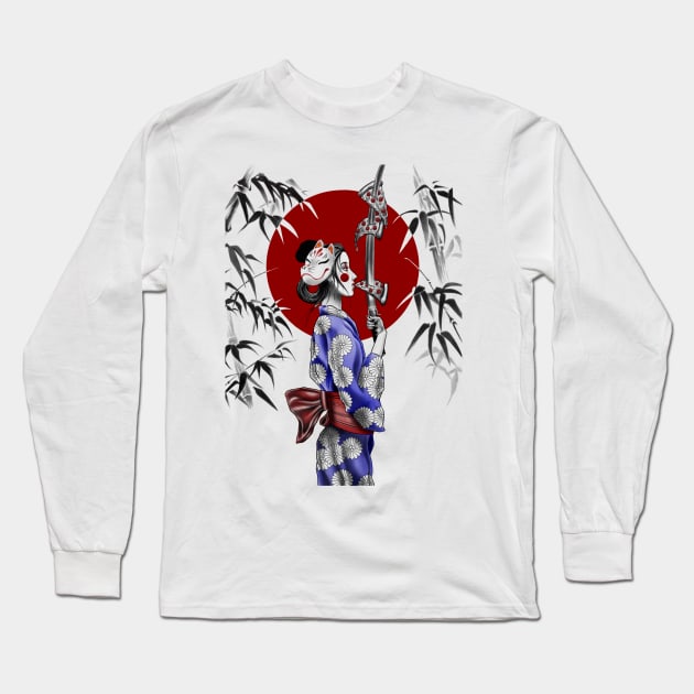 Japanese Geisha Eating NY Pizza with Samurai Sword Long Sleeve T-Shirt by Tred85